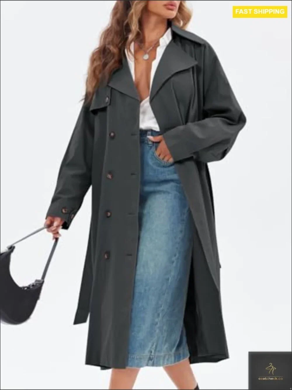 Oversized Double Breasted Trench Coat Classic Elegant Chic Belted Overcoat - Picture 4 of 7